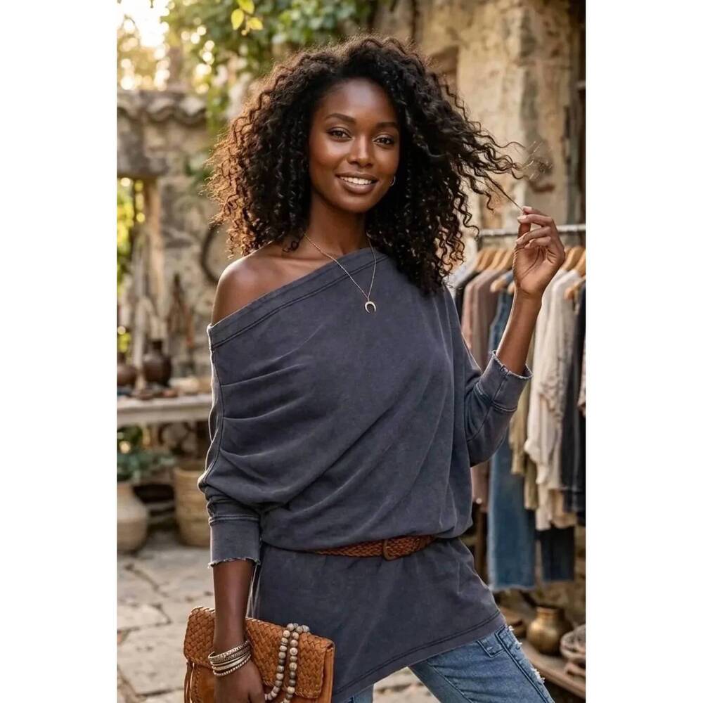 NEW SURELYMINE weekend wander off-shoulder oversized top in navy